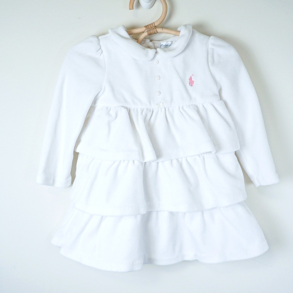 Ralph Lauren Tiered Velour Dress Baby 12M White Long Sleeve Ruffle‎ Pony Logo